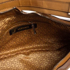 Versace Tan Logo Embossed Suede And Leather Charm Baguette Bag For Women -Versace Official Website luxury women versace used handbags p557967 005