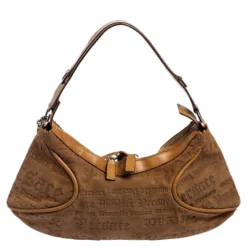 Versace Tan Logo Embossed Suede And Leather Charm Baguette Bag For Women -Versace Official Website luxury women versace used handbags p557967 007