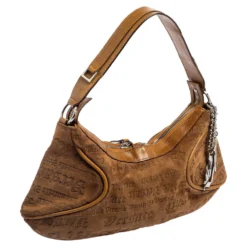 Versace Tan Logo Embossed Suede And Leather Charm Baguette Bag For Women -Versace Official Website luxury women versace used handbags p557967 008