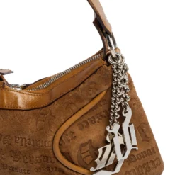 Versace Tan Logo Embossed Suede And Leather Charm Baguette Bag For Women -Versace Official Website luxury women versace used handbags p557967 009