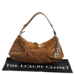 Versace Tan Logo Embossed Suede And Leather Charm Baguette Bag For Women -Versace Official Website luxury women versace used handbags p557967 012