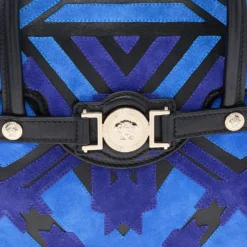 Versace Blue/Black Suede And Leather Patchwork Kmeoc Satchel For Women -Versace Official Website luxury women versace used handbags p565470 003