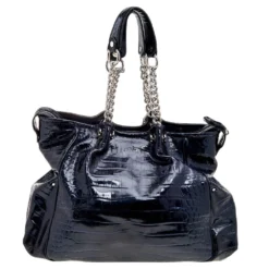 Versace Navy Blue Croc Embossed Patent Leather Chain Satchel For Women -Versace Official Website luxury women versace used handbags p565728 002