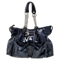 Versace Navy Blue Croc Embossed Patent Leather Chain Satchel For Women