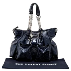 Versace Navy Blue Croc Embossed Patent Leather Chain Satchel For Women -Versace Official Website luxury women versace used handbags p565728 009