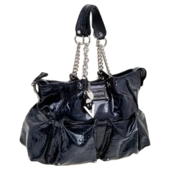 Versace Navy Blue Croc Embossed Patent Leather Chain Satchel For Women -Versace Official Website luxury women versace used handbags p565728 010