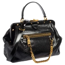 Versace Black Leather And Python Frame Studded Satchel For Women -Versace Official Website luxury women versace used handbags p565945 005