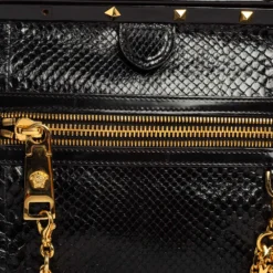 Versace Black Leather And Python Frame Studded Satchel For Women -Versace Official Website luxury women versace used handbags p565945 006