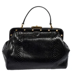 Versace Black Leather And Python Frame Studded Satchel For Women -Versace Official Website luxury women versace used handbags p565945 007