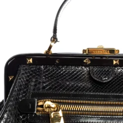 Versace Black Leather And Python Frame Studded Satchel For Women -Versace Official Website luxury women versace used handbags p565945 014