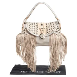 Versace Silver/Beige Woven Leather And Suede Medusa Fringe Shoulder Bag For Women -Versace Official Website luxury women versace used handbags p567315 003