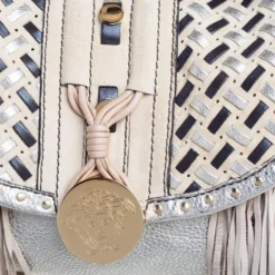Versace Silver/Beige Woven Leather And Suede Medusa Fringe Shoulder Bag For Women -Versace Official Website luxury women versace used handbags p567315 005