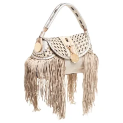 Versace Silver/Beige Woven Leather And Suede Medusa Fringe Shoulder Bag For Women -Versace Official Website luxury women versace used handbags p567315 006