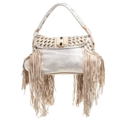 Versace Silver/Beige Woven Leather And Suede Medusa Fringe Shoulder Bag For Women -Versace Official Website luxury women versace used handbags p567315 007
