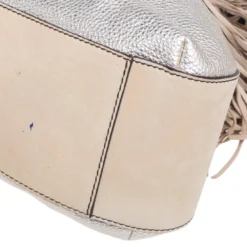 Versace Silver/Beige Woven Leather And Suede Medusa Fringe Shoulder Bag For Women -Versace Official Website luxury women versace used handbags p567315 010