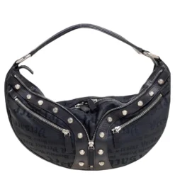 Versace Black Embroidered Print Fabric Studded Hobo For Women