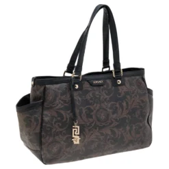 Versace Brown/Black Barocco Print Coated Canvas And Leather Tote For Women -Versace Official Website luxury women versace used handbags p572589 010