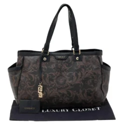 Versace Brown/Black Barocco Print Coated Canvas And Leather Tote For Women -Versace Official Website luxury women versace used handbags p572589 012