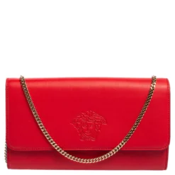 Versace Red Leather Flap Wallet On Chain For Women