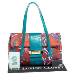 Versace Multicolor Floral Print Fabric And Croc Embossed Leather Flap Tote For Women -Versace Official Website luxury women versace used handbags p580375 001