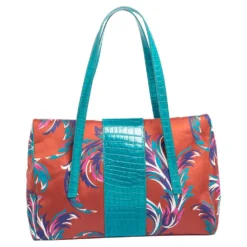 Versace Multicolor Floral Print Fabric And Croc Embossed Leather Flap Tote For Women -Versace Official Website luxury women versace used handbags p580375 005