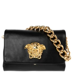 Versace Black Leather Medusa Flap Shoulder Bag For Women
