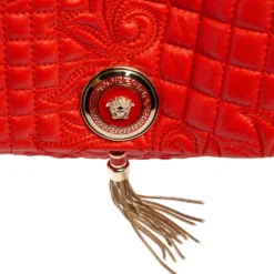 Versace Red Embroidered Leather Calliope Vanitas Shoulder Bag For Women -Versace Official Website luxury women versace used handbags p591513 012