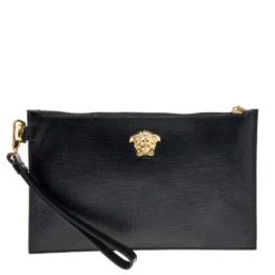 Versace Black Leather Medusa Zip Clutch For Women