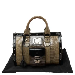 Versace Black/Brown Ombre Croc Embossed Patent Leather Boston Bag For Women -Versace Official Website luxury women versace used handbags p596372 001