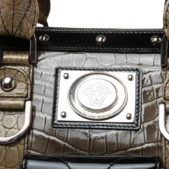 Versace Black/Brown Ombre Croc Embossed Patent Leather Boston Bag For Women -Versace Official Website luxury women versace used handbags p596372 002