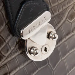 Versace Black/Brown Ombre Croc Embossed Patent Leather Boston Bag For Women -Versace Official Website luxury women versace used handbags p596372 003