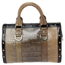 Versace Black/Brown Ombre Croc Embossed Patent Leather Boston Bag For Women -Versace Official Website luxury women versace used handbags p596372 004