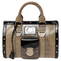 Versace Black/Brown Ombre Croc Embossed Patent Leather Boston Bag For Women
