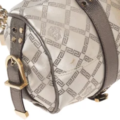 Versace Olive Green/Cream Signature Fabric And Leather Madonna Frame Satchel For Women -Versace Official Website luxury women versace used handbags p599381 003