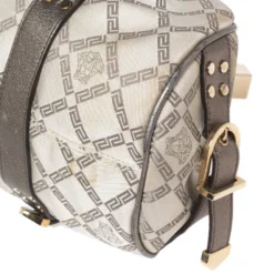 Versace Olive Green/Cream Signature Fabric And Leather Madonna Frame Satchel For Women -Versace Official Website luxury women versace used handbags p599381 004