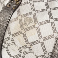 Versace Olive Green/Cream Signature Fabric And Leather Madonna Frame Satchel For Women -Versace Official Website luxury women versace used handbags p599381 005