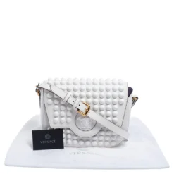 Versace White Leather La Medusa Studded Shoulder Bag For Women -Versace Official Website luxury women versace used handbags p608560 009