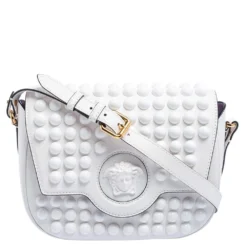 Versace White Leather La Medusa Studded Shoulder Bag For Women