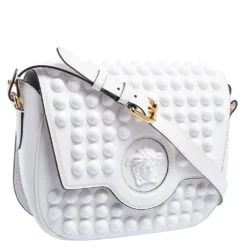 Versace White Leather La Medusa Studded Shoulder Bag For Women -Versace Official Website luxury women versace used handbags p608560 011