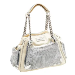 Versace Cream/Sliver Patent Leather And Metallic Mesh Chain Link Satchel For Women -Versace Official Website luxury women versace used handbags p613192 001
