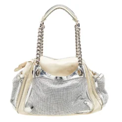 Versace Cream/Sliver Patent Leather And Metallic Mesh Chain Link Satchel For Women -Versace Official Website luxury women versace used handbags p613192 002