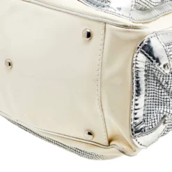 Versace Cream/Sliver Patent Leather And Metallic Mesh Chain Link Satchel For Women -Versace Official Website luxury women versace used handbags p613192 006