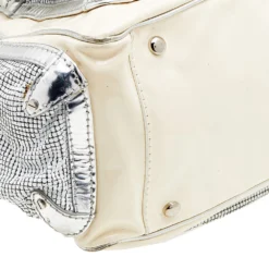 Versace Cream/Sliver Patent Leather And Metallic Mesh Chain Link Satchel For Women -Versace Official Website luxury women versace used handbags p613192 007