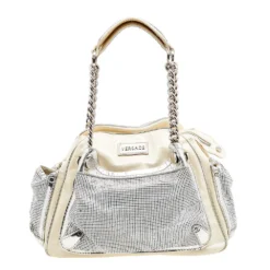 Versace Cream/Sliver Patent Leather And Metallic Mesh Chain Link Satchel For Women