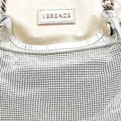 Versace Cream/Sliver Patent Leather And Metallic Mesh Chain Link Satchel For Women -Versace Official Website luxury women versace used handbags p613192 009