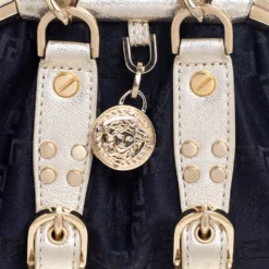 Versace Metallic Gold/Black Signature Canvas And Leather Madonna Satchel For Women -Versace Official Website luxury women versace used handbags p615301 002