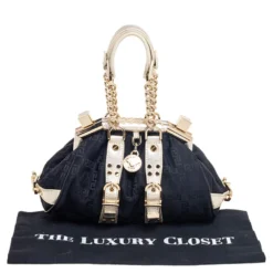Versace Metallic Gold/Black Signature Canvas And Leather Madonna Satchel For Women -Versace Official Website luxury women versace used handbags p615301 004