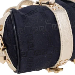 Versace Metallic Gold/Black Signature Canvas And Leather Madonna Satchel For Women -Versace Official Website luxury women versace used handbags p615301 009