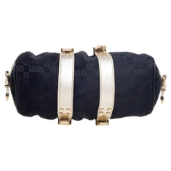 Versace Metallic Gold/Black Signature Canvas And Leather Madonna Satchel For Women -Versace Official Website luxury women versace used handbags p615301 010