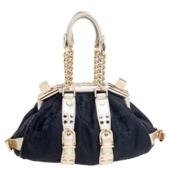 Versace Metallic Gold/Black Signature Canvas And Leather Madonna Satchel For Women -Versace Official Website luxury women versace used handbags p615301 011